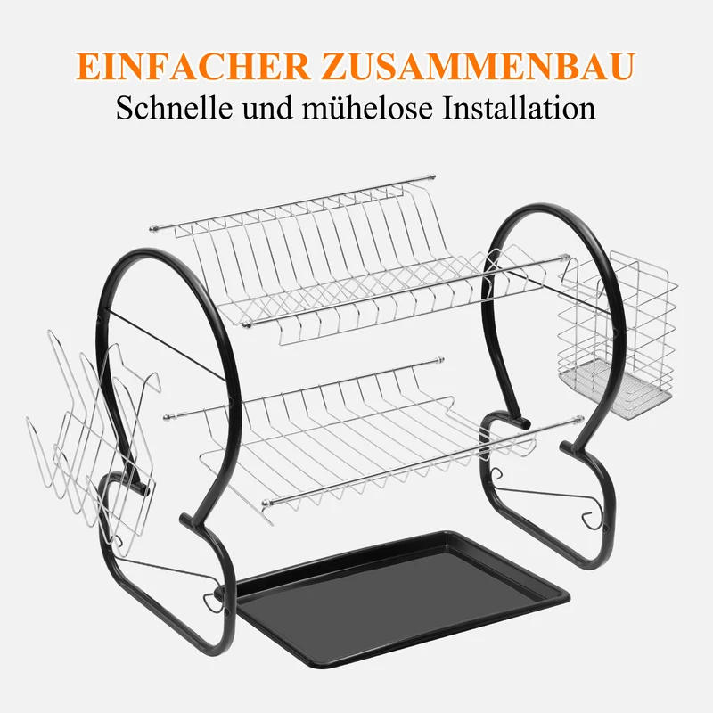 HOMELUX 2-stufiges Abtropfgestell mit Abtropfschale, Besteck- & Tassenhalter, Geschirrabtropfer aus rostfreiem Stahl, Schwarz