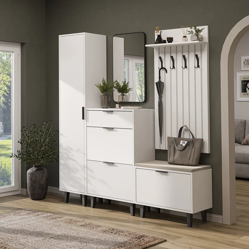 Roomart 5-teiliges Garderobenset NORD, mit Hochschrank, Schuhschrank, Sitzbank, Garderobenpaneel und Spiegel, in 2 Farben