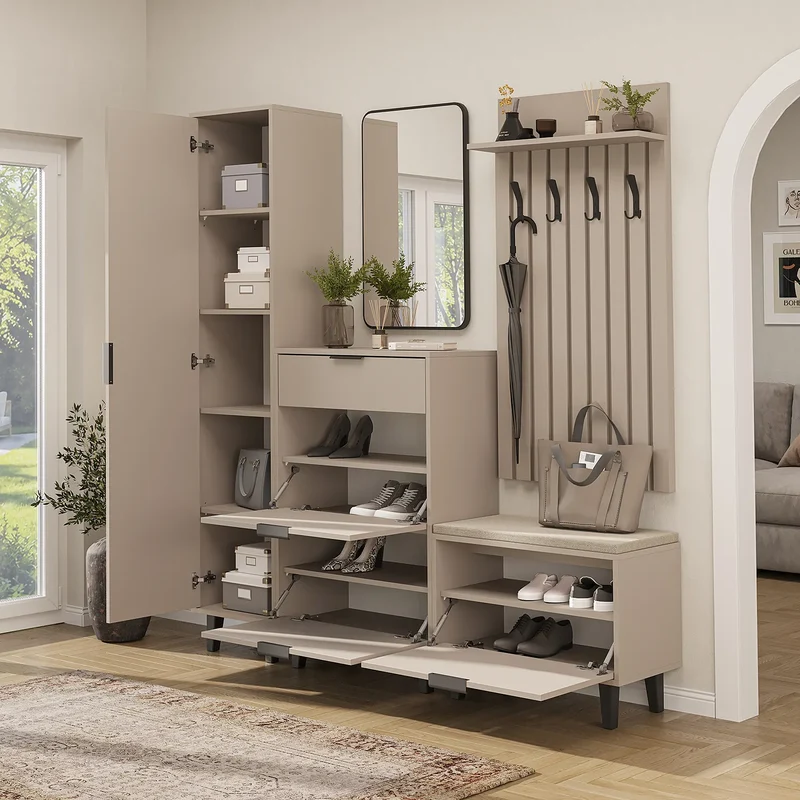 Roomart 5-teiliges Garderobenset NORD, mit Hochschrank, Schuhschrank, Sitzbank, Garderobenpaneel und Spiegel, in 2 Farben