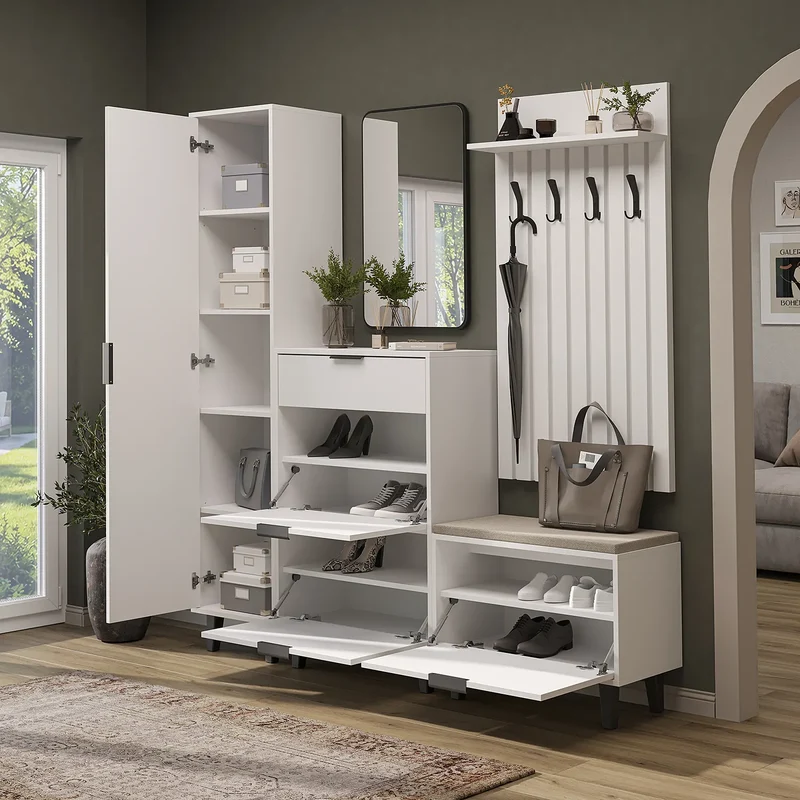 Roomart 5-teiliges Garderobenset NORD, mit Hochschrank, Schuhschrank, Sitzbank, Garderobenpaneel und Spiegel, in 2 Farben