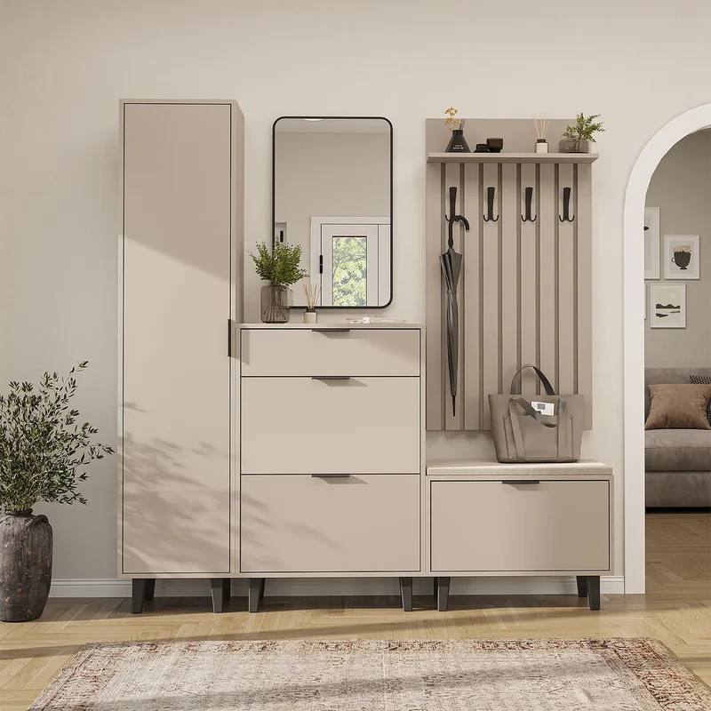 Roomart 5-teiliges Garderobenset NORD, mit Hochschrank, Schuhschrank, Sitzbank, Garderobenpaneel und Spiegel, in 2 Farben