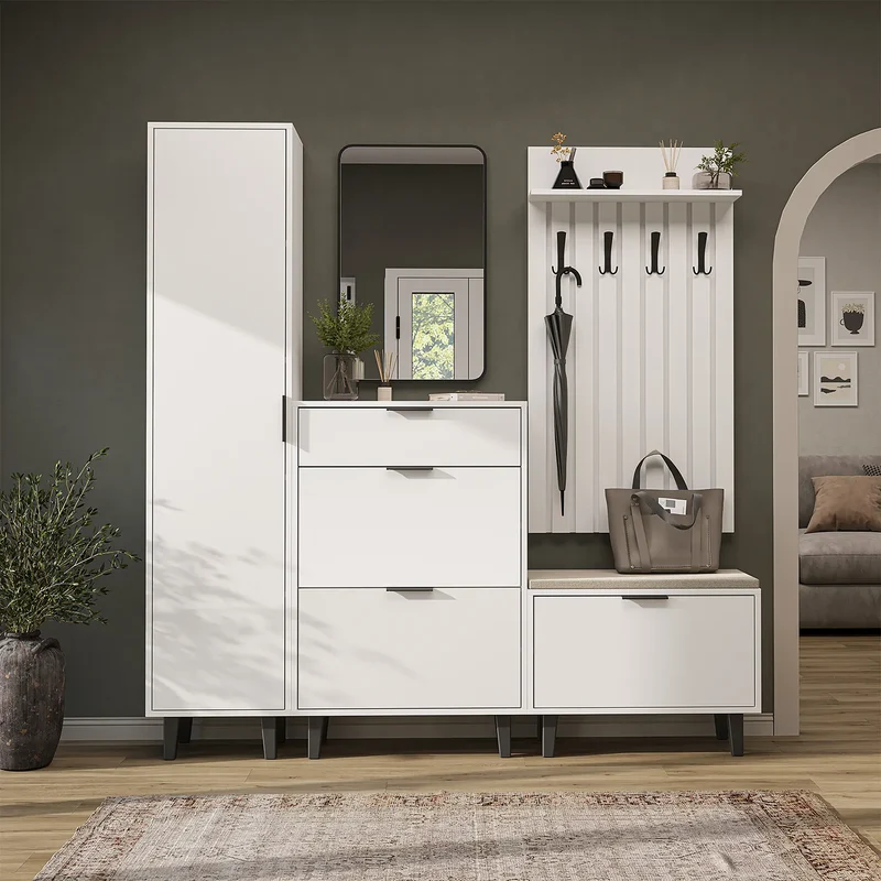 Roomart 5-teiliges Garderobenset NORD, mit Hochschrank, Schuhschrank, Sitzbank, Garderobenpaneel und Spiegel, in 2 Farben