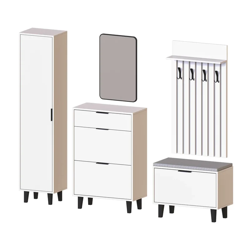 Roomart 5-teiliges Garderobenset NORD, mit Hochschrank, Schuhschrank, Sitzbank, Garderobenpaneel und Spiegel, in 2 Farben