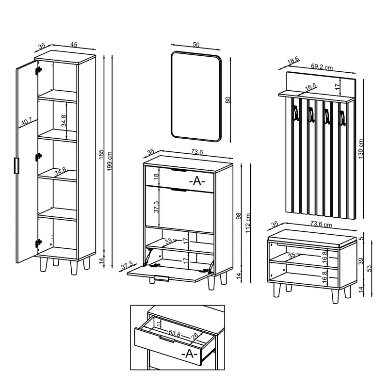Roomart 5-teiliges Garderobenset NORD, mit Hochschrank, Schuhschrank, Sitzbank, Garderobenpaneel und Spiegel, in 2 Farben