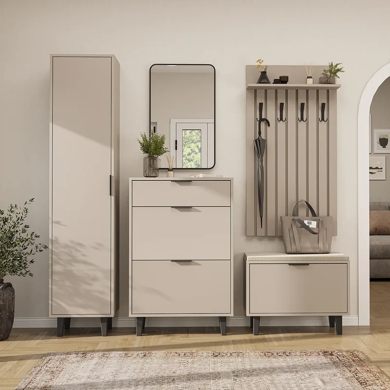 Roomart 5-teiliges Garderobenset NORD, mit Hochschrank, Schuhschrank, Sitzbank, Garderobenpaneel und Spiegel, in 2 Farben