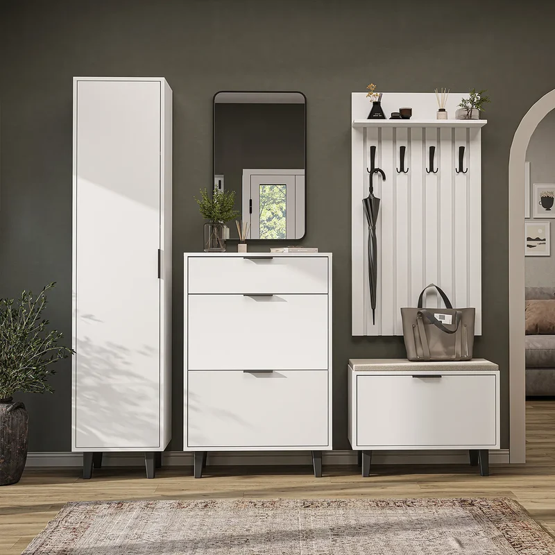 Roomart 5-teiliges Garderobenset NORD, mit Hochschrank, Schuhschrank, Sitzbank, Garderobenpaneel und Spiegel, in 2 Farben