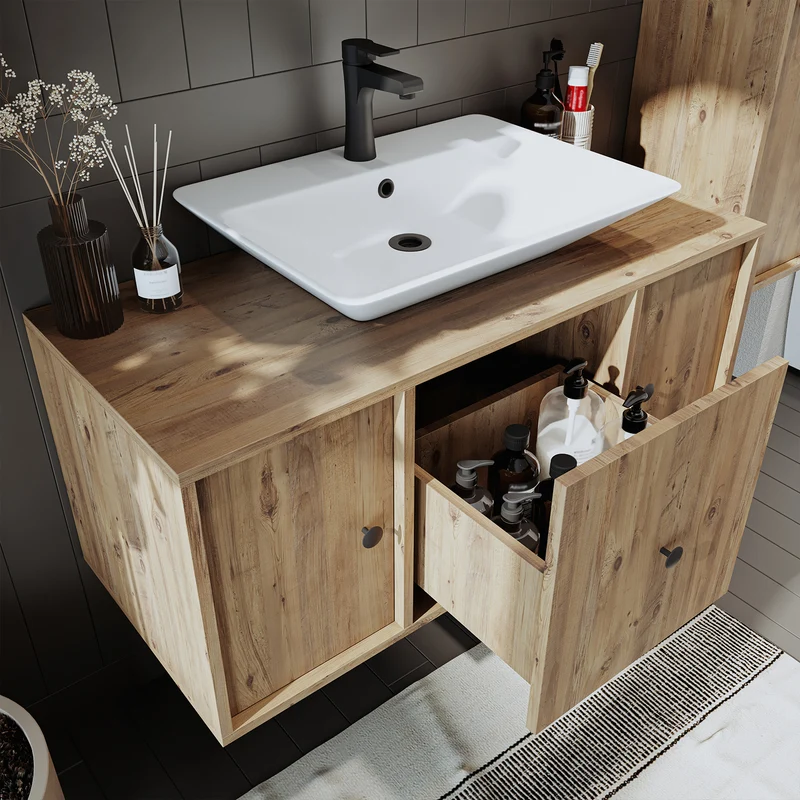 Roomart Badmöbel-Set GUSTO-ATL 105 cm, 4-teilig mit Keramik-Waschbecken und Spiegelschrank