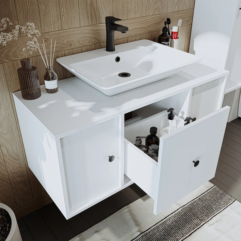 Roomart Badmöbel-Set GUSTO-ATL 105 cm, 4-teilig mit Keramik-Waschbecken und Spiegelschrank