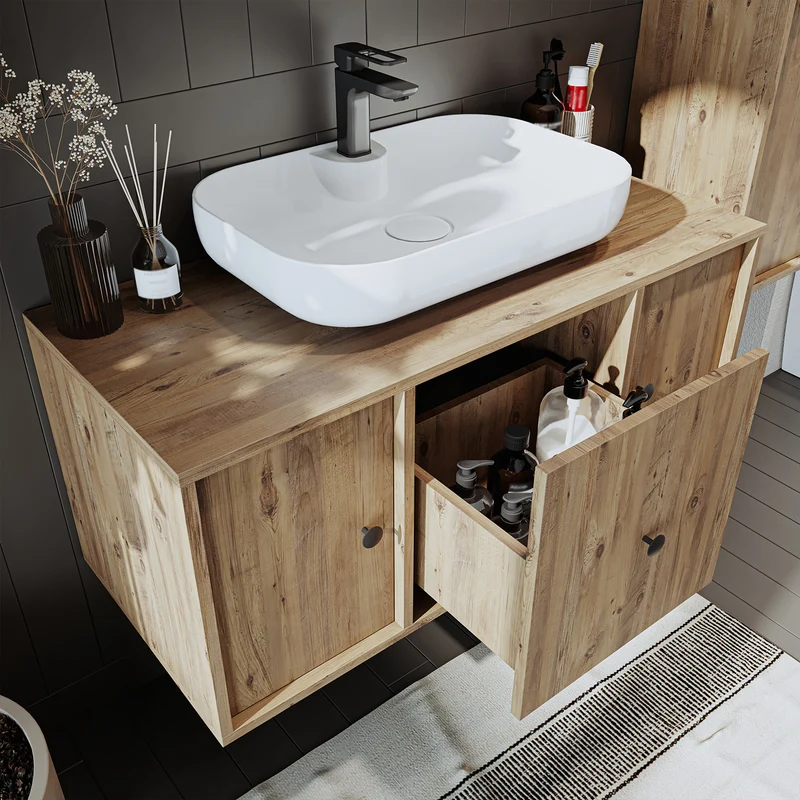 Roomart Badmöbel-Set GUSTO 105 cm, 4-teilig mit Keramik-Waschbecken und Spiegelschrank in 2 Farben