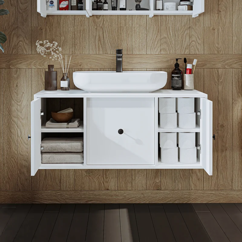 Roomart Badmöbel-Set GUSTO 105 cm, 4-teilig mit Keramik-Waschbecken und Spiegelschrank in 2 Farben