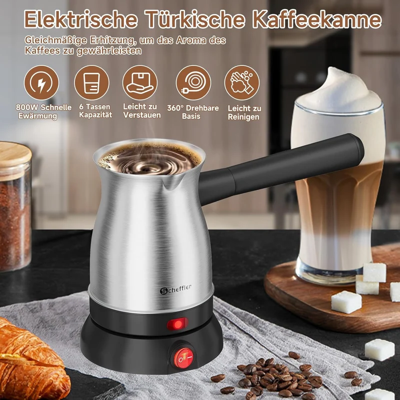 Scheffler Elektrische Türkische Kaffeekanne 800W, Mokkamaschine aus Edelstahl, 500ml Kapazität, kabellose 360° Basis, mit abnehmbarem Griff