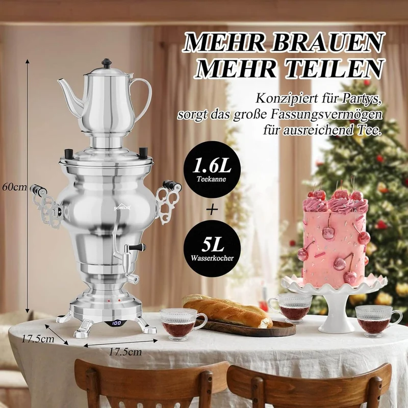 5L +1.6L / 2.5L +1.2L Elektrischer Samoware Edelstahl Teekocher mit 1850W, Warmhaltefunktion & Ablasshahn