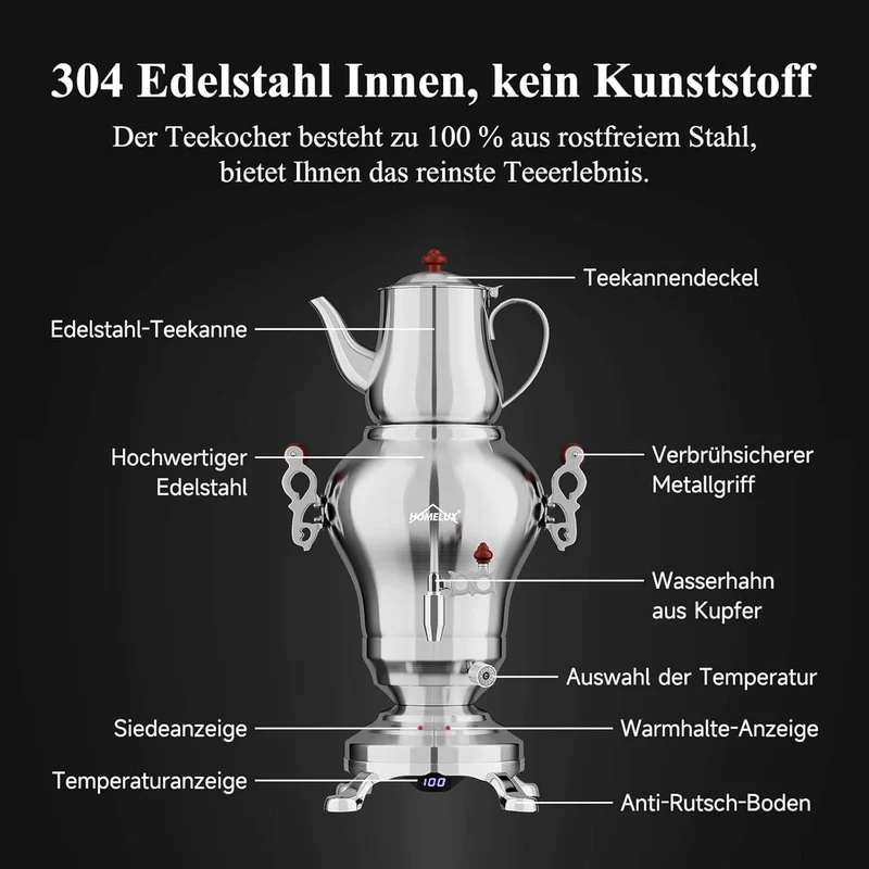 5L +1.6L / 2.5L +1.2L Elektrischer Samoware Edelstahl Teekocher mit 1850W, Warmhaltefunktion & Ablasshahn