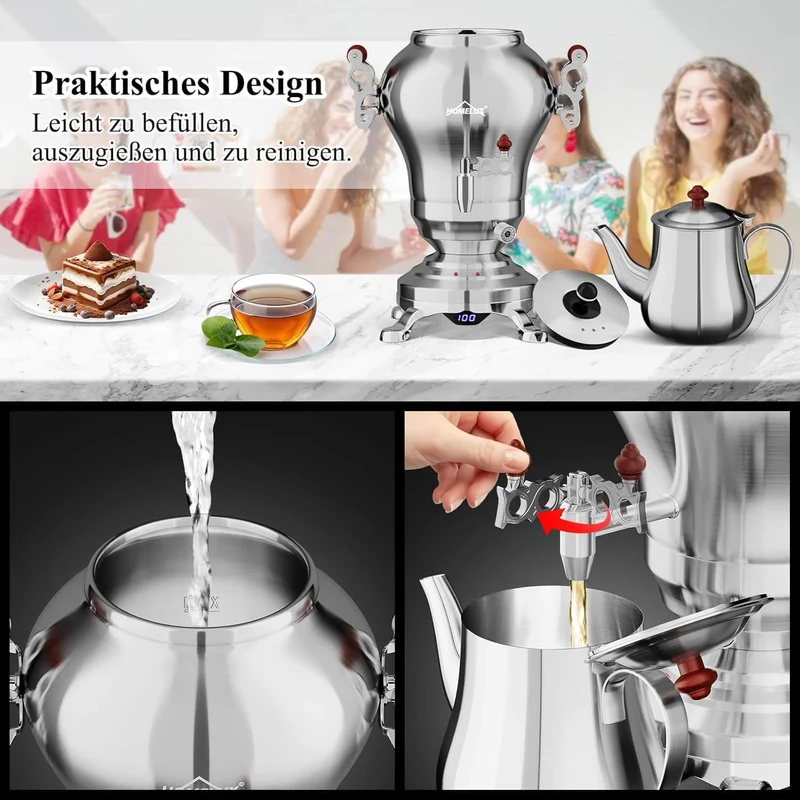 5L +1.6L / 2.5L +1.2L Elektrischer Samoware Edelstahl Teekocher mit 1850W, Warmhaltefunktion & Ablasshahn
