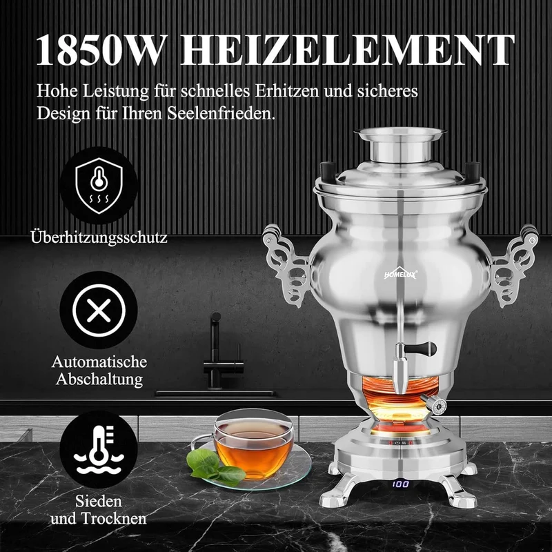 5L +1.6L / 2.5L +1.2L Elektrischer Samoware Edelstahl Teekocher mit 1850W, Warmhaltefunktion & Ablasshahn
