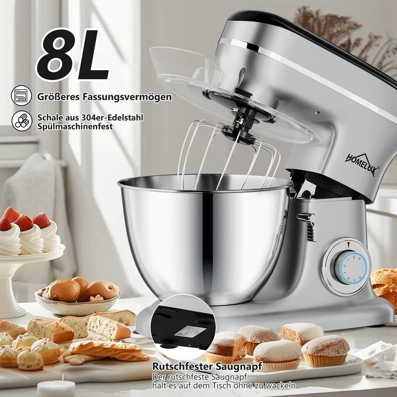 HOMELUX Knetmaschine 8L – 1800W, 6 Geschwindigkeiten, LED-Touchscreen, Edelstahl-Rührschüssel, leise & leistungsstark für Teig & mehr