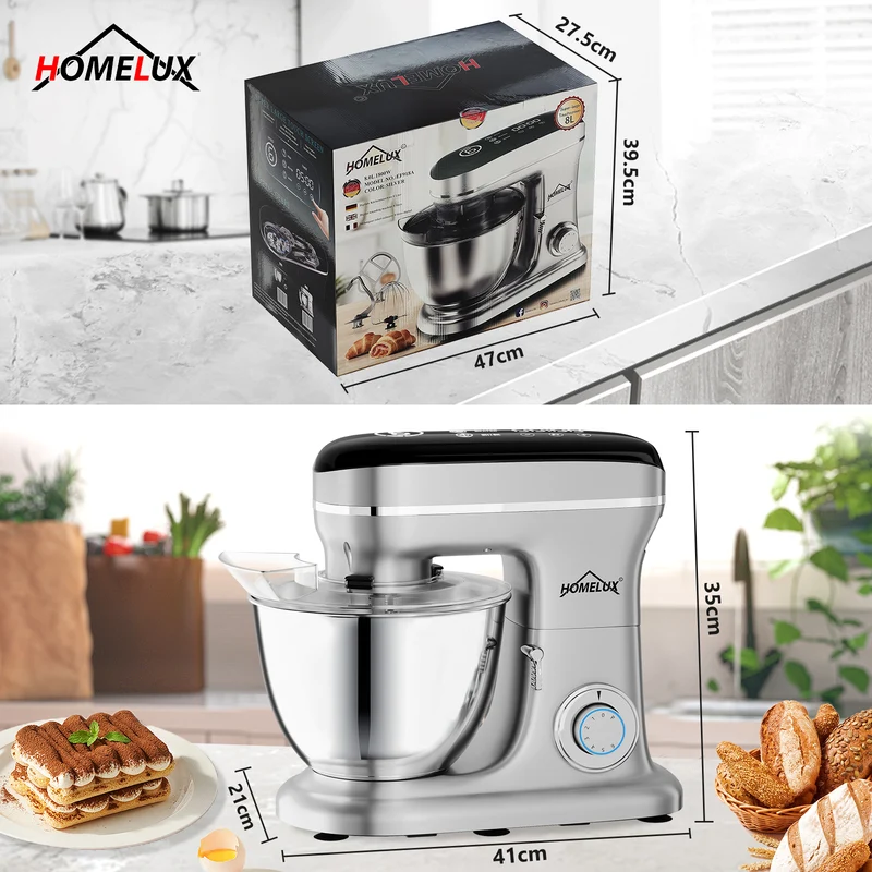 HOMELUX Knetmaschine 8L – 1800W, 6 Geschwindigkeiten, LED-Touchscreen, Edelstahl-Rührschüssel, leise & leistungsstark für Teig & mehr