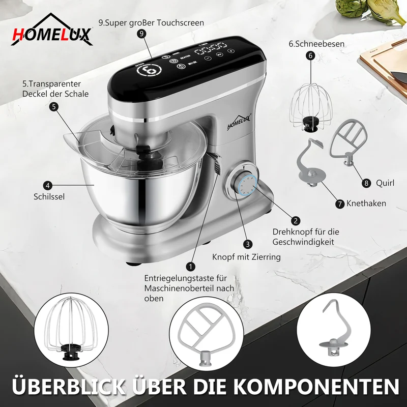 HOMELUX Knetmaschine 8L – 1800W, 6 Geschwindigkeiten, LED-Touchscreen, Edelstahl-Rührschüssel, leise & leistungsstark für Teig & mehr