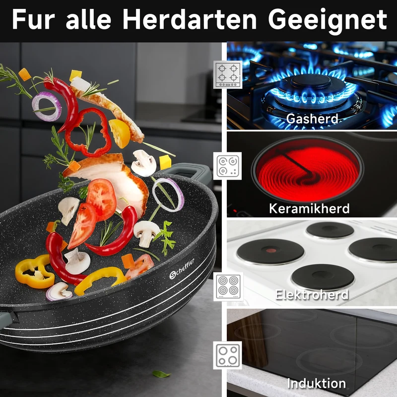 Scheffler Induktions-Servierpfanne aus Aluminiumguss mit marmorierter Antihaftbeschichtung, Glasdeckel und hitzebeständigem Silikongriff