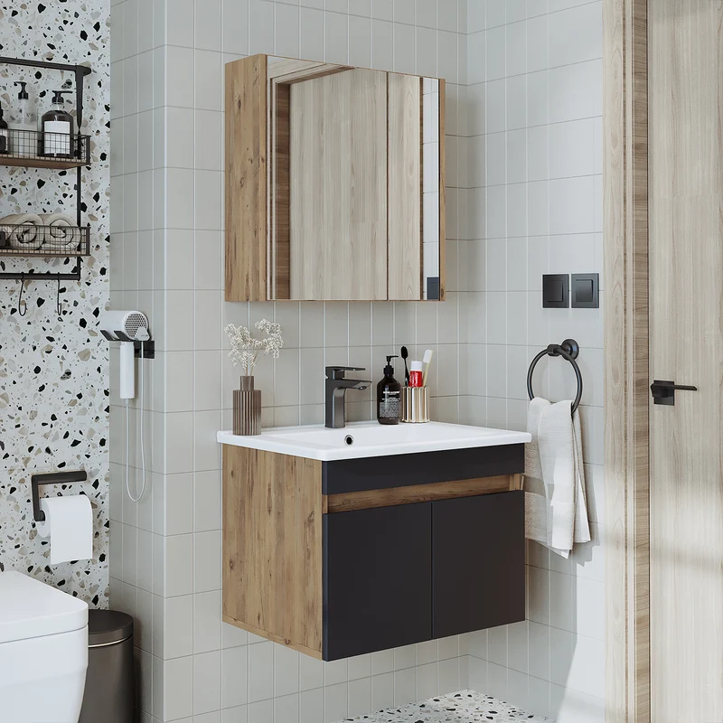 Roomart 3-teiliges Badmöbel-Set ATRIA, 65 cm, mit Keramikbecken und Spiegelschrank, in 4 Farben