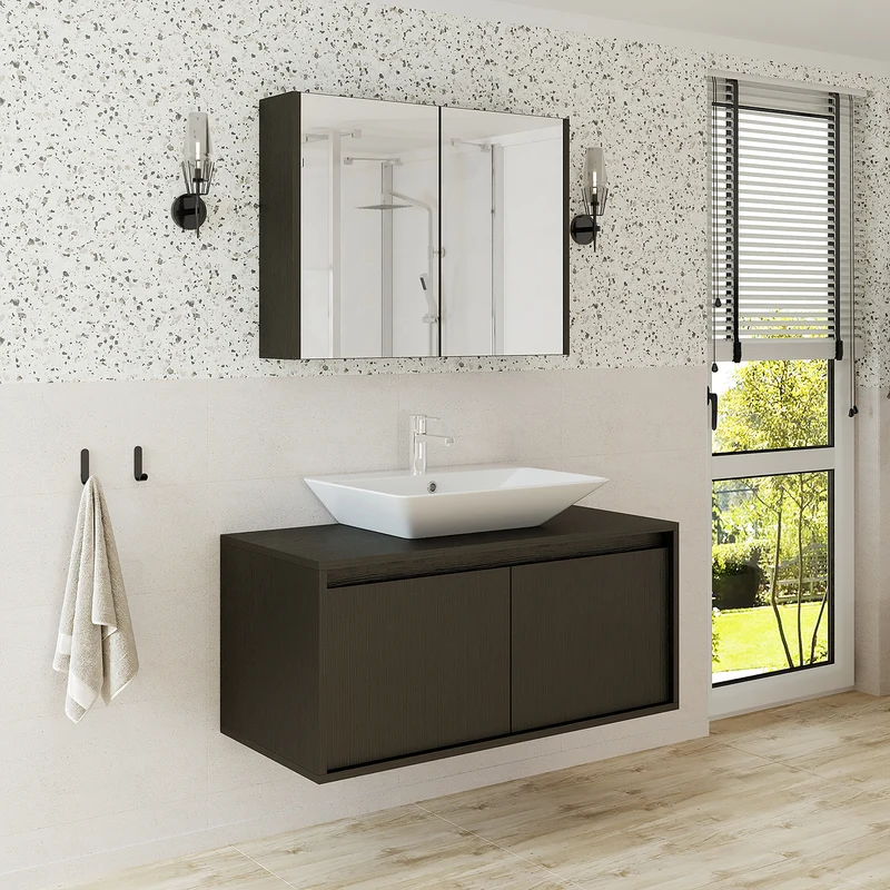 Roomart 3-teiliges Badmöbel-Set ATLANTIC, 100 cm, mit Aufsatzbecken und Spiegelschrank, in 5 Farben