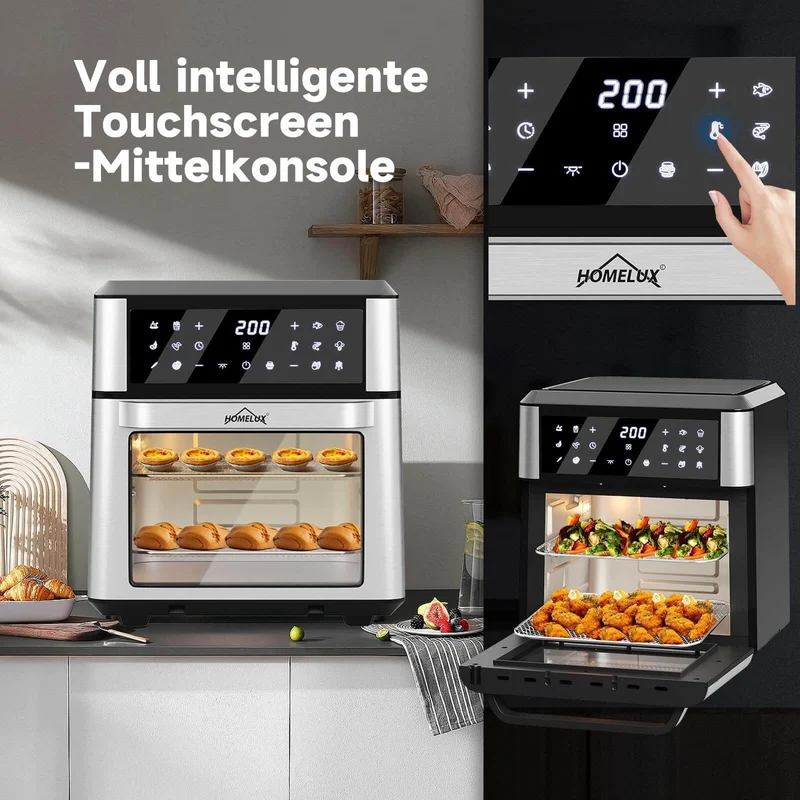 12L Heißluftfritteuse mit Drehfunktion, 12 Kochprogrammen und LED-Display Heißluft Ofen 1800W mit Drehspieß