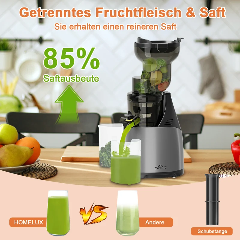 HOMELUX Slow Juicer Entsafter, 140mm XXL Einfüllschacht für ganze Früchte, 150W Kaltpresse Saftpresse, Hohe Saftausbeute