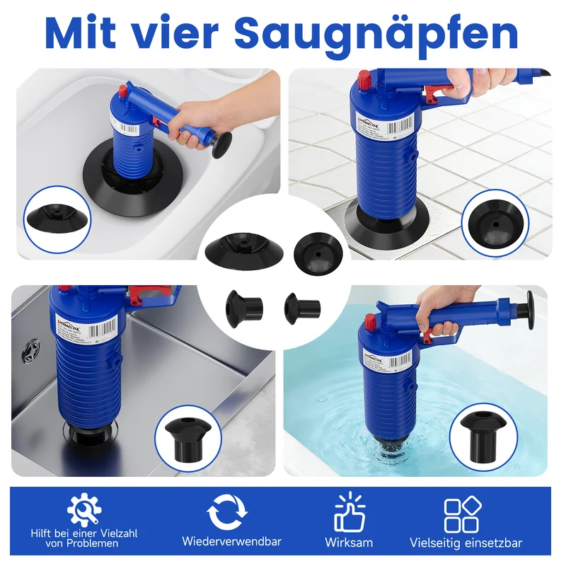 HOMELUX Druckluft Abflussreiniger Pümpel mit 4 Aufsätzen für Toilette, Waschbecken, Bad & Spüle, Hochdruck Rohrfrei ohne Chemie