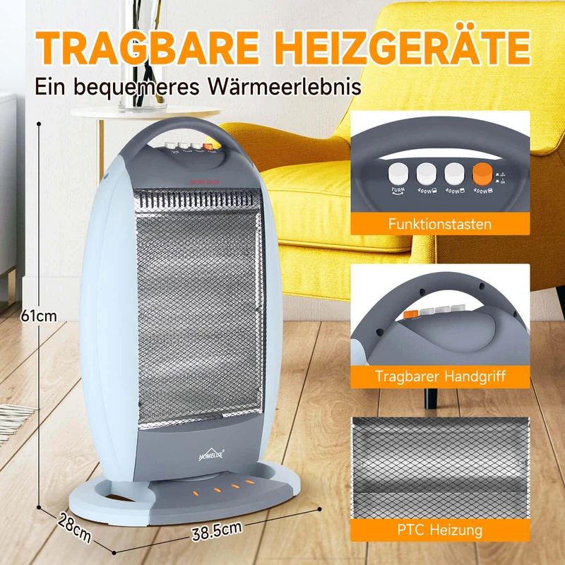 HOMELUX Heizstrahler 3 Stufen, Oszill., 1200W, Geräuschfrei, Sicherheit