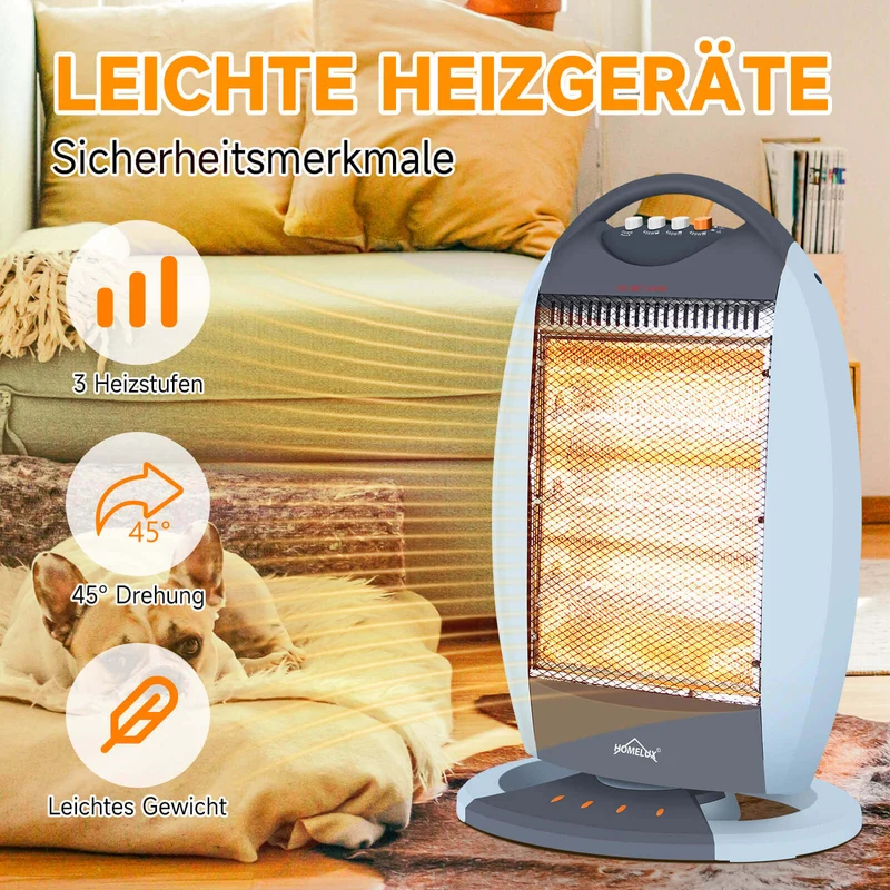 HOMELUX Heizstrahler 3 Stufen, Oszill., 1200W, Geräuschfrei, Sicherheit