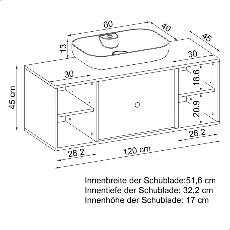 Roomart Badmöbel GUSTO, 120 cm, mit Aufsatzbecken, Schublade und 2 Türen, in 2 Farben