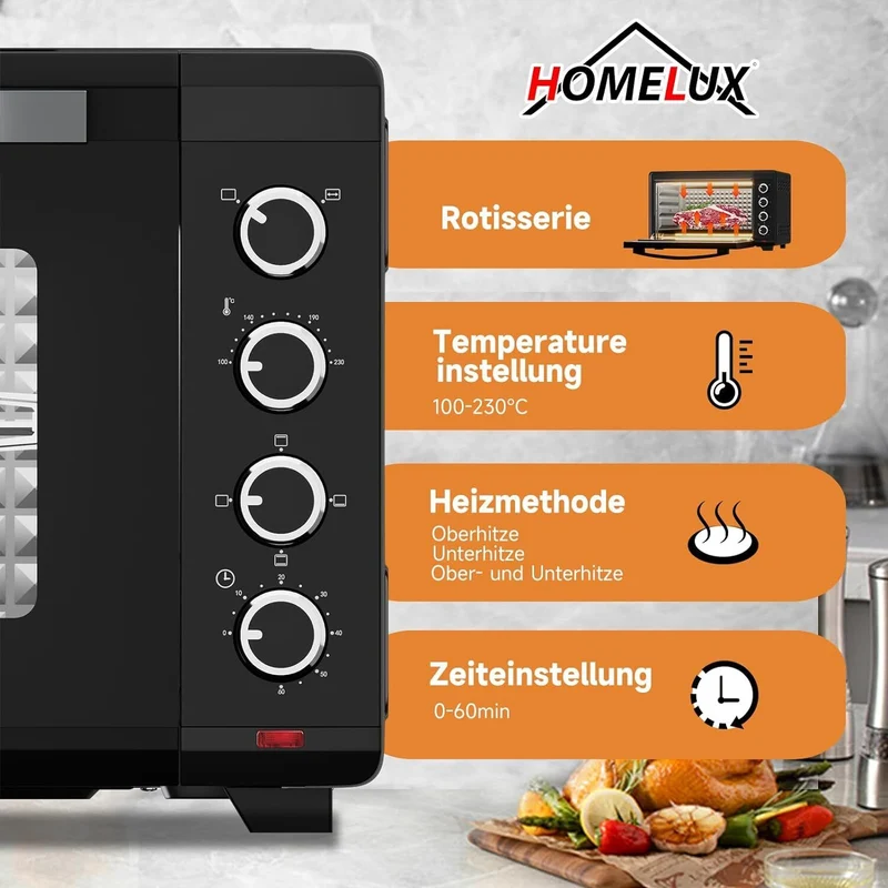 Minibackofen 60L mit Drehspieß Timer Mini Backofen Pizza-Ofen 2000W Mini Ofen