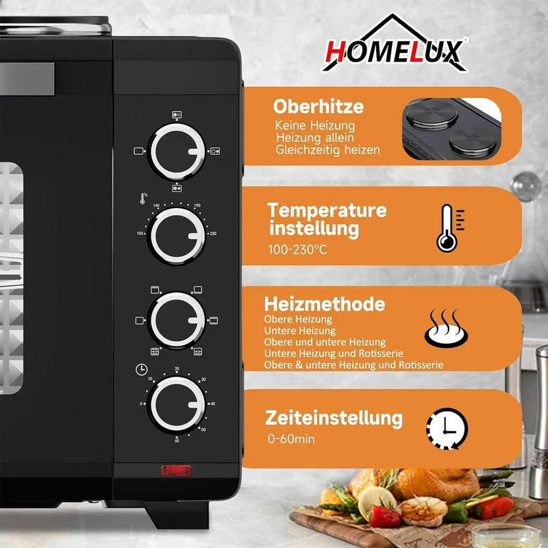 48L Minibackofen mit Kochplatten, Drehspieß, Umluft, 3600W, Pizzaofen, Grill und Ofenfunktion