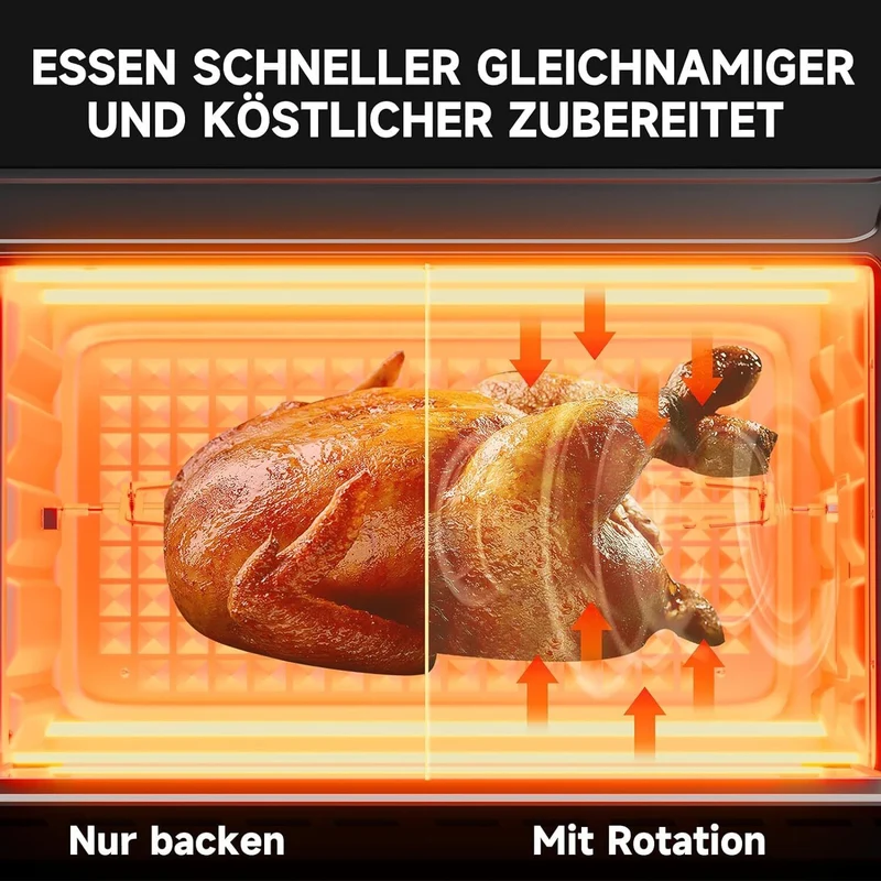 48L Minibackofen mit Kochplatten, Drehspieß, Umluft, 3600W, Pizzaofen, Grill und Ofenfunktion