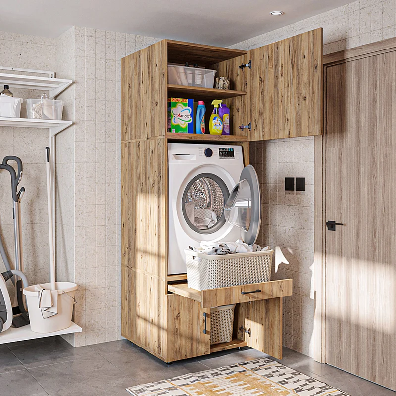 Roomart Waschmaschinenschrank 205 cm mit Überbau und Ausziehbrett, in 3 Farben