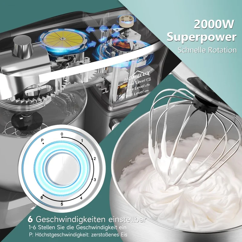 HOMELUX 3-in-1 Küchenmaschine 6L / 5L Fleischwolf, Knetmaschine, 6-stufiger Mixer, 1.5L Saftpresse, Edelstahlschüssel