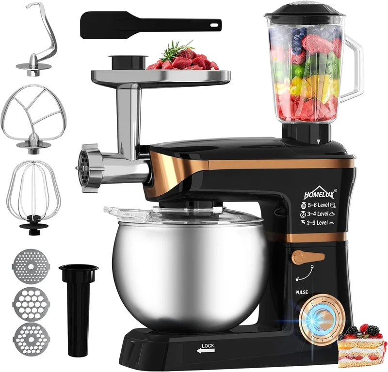 HOMELUX 3-in-1 Küchenmaschine 6L / 5L Fleischwolf, Knetmaschine, 6-stufiger Mixer, 1.5L Saftpresse, Edelstahlschüssel