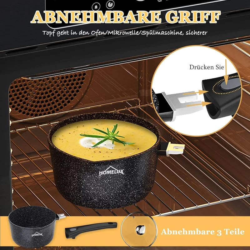 HOMELUX Antihaft-Milchtopf Induktion Kleiner Stieltopf mit Ausguss & abnehmbarem Griff Alu-Stielkasserolle beschichtet
