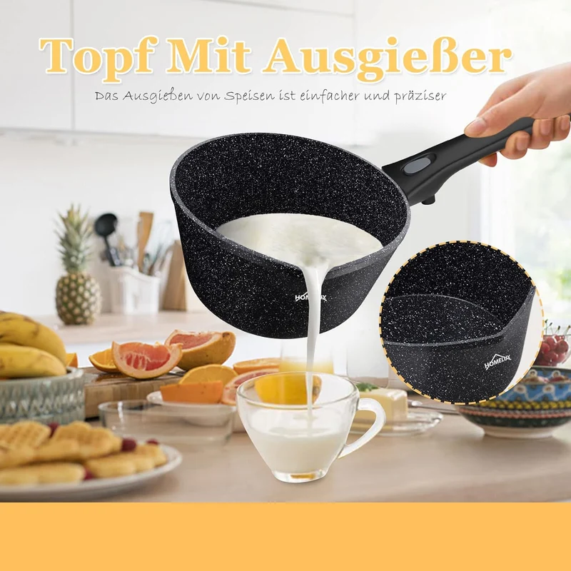 HOMELUX Antihaft-Milchtopf Induktion Kleiner Stieltopf mit Ausguss & abnehmbarem Griff Alu-Stielkasserolle beschichtet