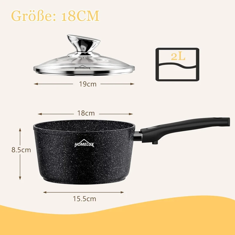 HOMELUX Antihaft-Milchtopf Induktion Kleiner Stieltopf mit Ausguss & abnehmbarem Griff Alu-Stielkasserolle beschichtet