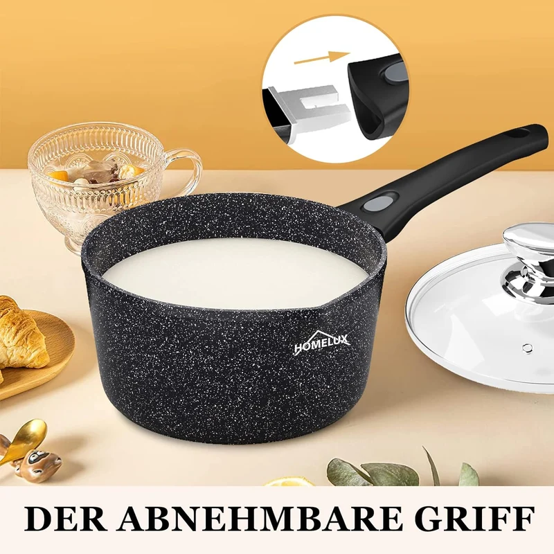 HOMELUX Antihaft-Milchtopf Induktion Kleiner Stieltopf mit Ausguss & abnehmbarem Griff Alu-Stielkasserolle beschichtet