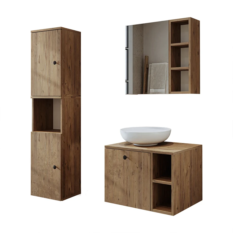 Roomart 4-teiliges Badmöbel-Set LOTUS, 65 cm, mit rundem Aufsatzbecken und Hochschrank, in 3 Farben