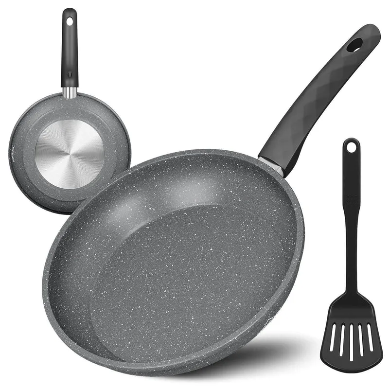 Bratpfanne 28 cm mit Spatel, beschichtete Pfanne mit Marmorbeschichtung, Induktion geeignet, hitzebeständig bis 230°C