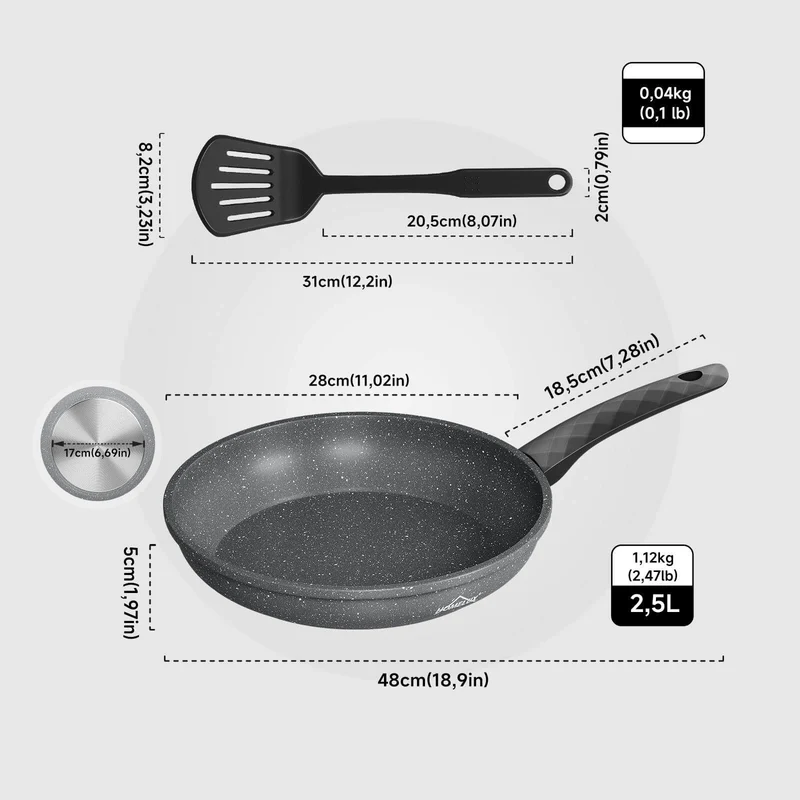 Bratpfanne 28 cm mit Spatel, beschichtete Pfanne mit Marmorbeschichtung, Induktion geeignet, hitzebeständig bis 230°C