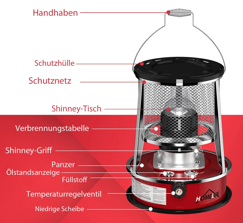 HOMELUX Petroleumofen, 4.5 L, 8900 BTU/h, mobil, ohne Strom, Innenraum-Heizung, tragbarer Petroliumheizer (DMY-229)