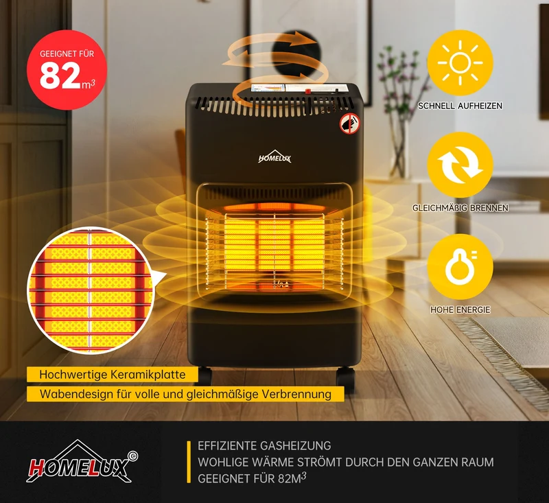 HOMELUX Heizstrahler Gasheizung 4200 Watt für Innenräume, Infrarot Keramikbrenner, Heizstrahler, Gasofen für Butan, inkl. Schlauch und Druckminderer