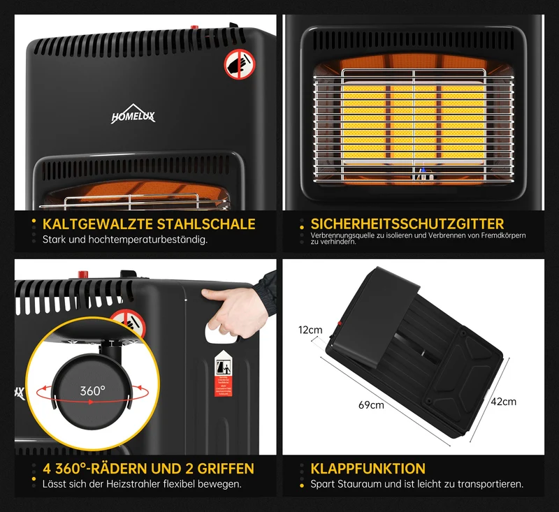 HOMELUX Heizstrahler Gasheizung 4200 Watt für Innenräume, Infrarot Keramikbrenner, Heizstrahler, Gasofen für Butan, inkl. Schlauch und Druckminderer