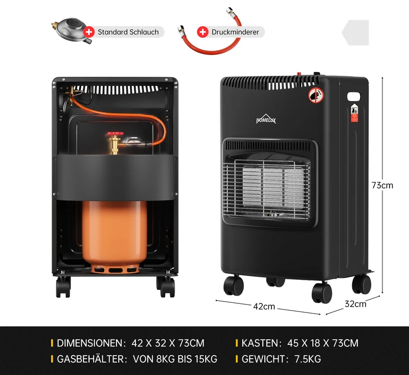HOMELUX Heizstrahler Gasheizung 4200 Watt für Innenräume, Infrarot Keramikbrenner, Heizstrahler, Gasofen für Butan, inkl. Schlauch und Druckminderer