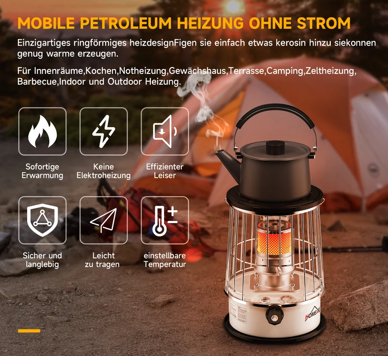 Homelux 6L Petroleumofen, 9.000 BTU/h, ohne Strom, mobil, 20㎡ Heizbereich, mit Kleidersack, gehärtetem Glas-Schornstein