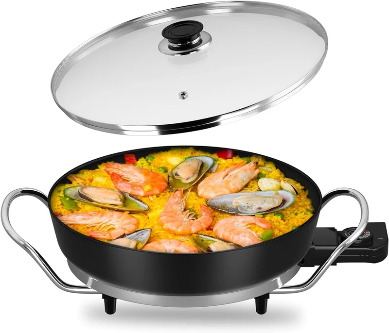 Scheffler Elektrische Pfanne: 5 Temperatureinstellungen, Pizzapfanne, Multifunktionspfanne mit Antihaftbeschichtung und Deckel